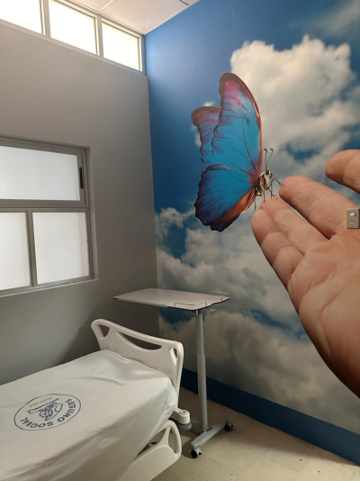 El espacio habilitado en el Hospital de Guápiles se identifica con el símbolo de una mariposa azul, por su significado de transformación, perseverancia y resiliencia